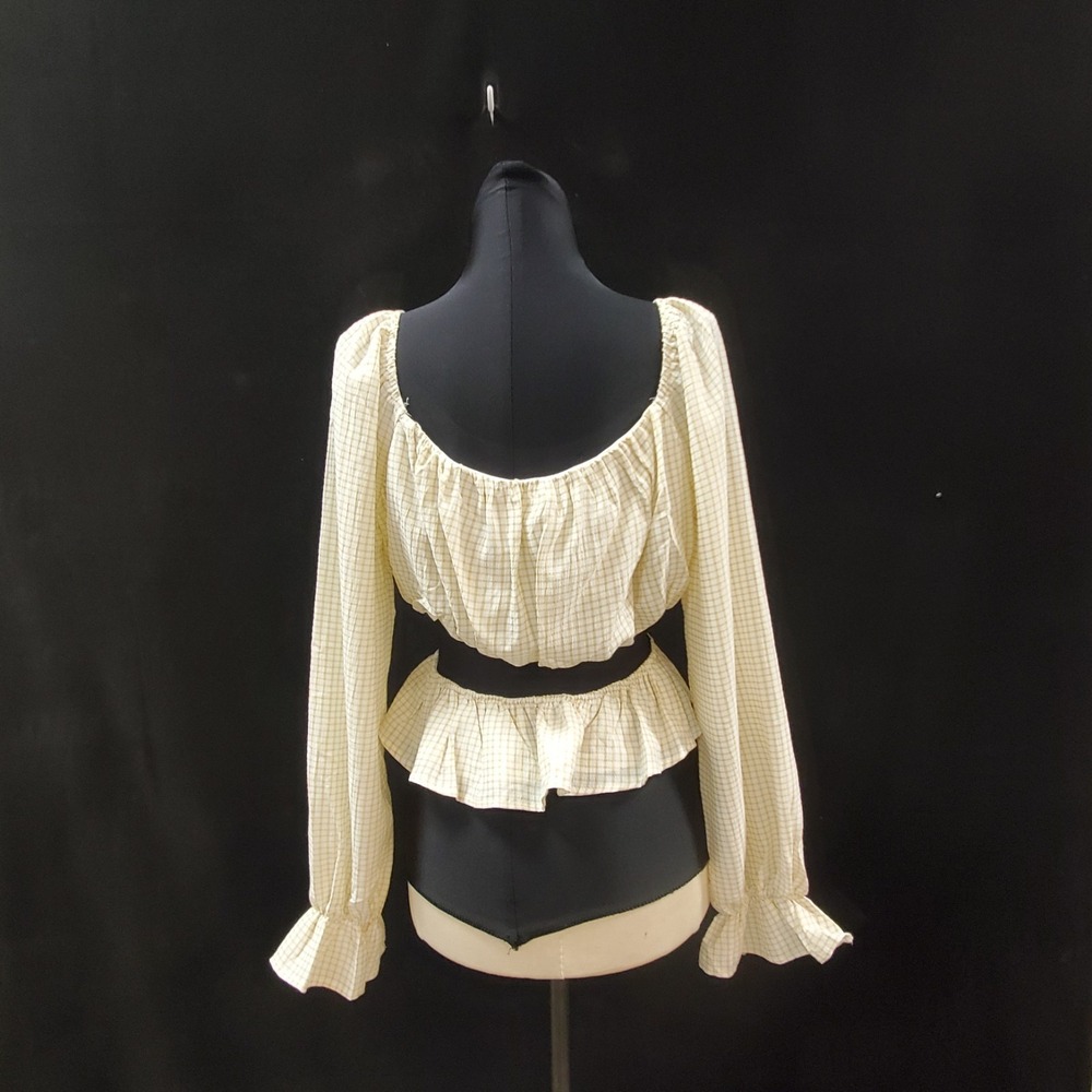 Peach Love Puff Sleeve Milkmaid Top Size S Cutout Picnic Plaid Country Ren Faire - Picture 3 of 10